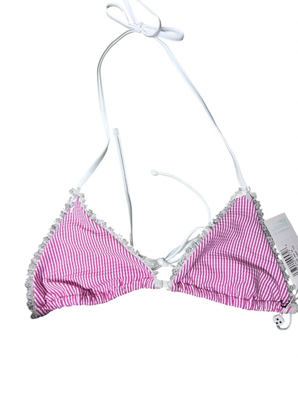 New Frankies Bikinis Pink Seersucker Triangle Bikini‎ Top with White Ruffle Trim
